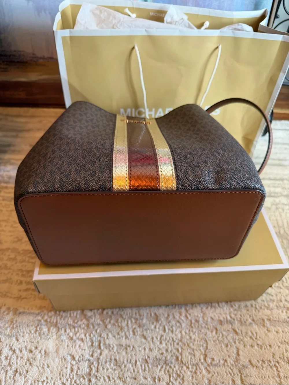 Michael Kors Brown Signature Shoulder Bucket Bag
